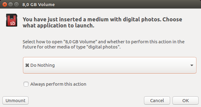 Select *do nothing* after SD card insertion