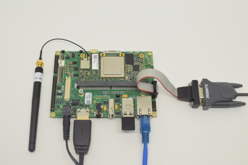 HDMI, Ethernet, USB keyboard and power supply connected to the Ixora Carrier Board