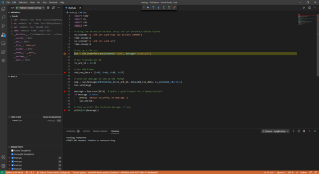 Python CAN Demo Application Debug With Torizon Extension On Visual Studio Code