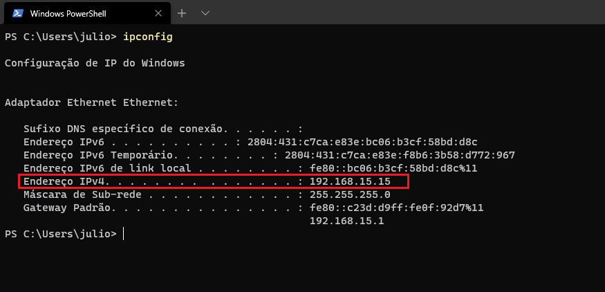 Using ipconfig to find the ipv4 adress