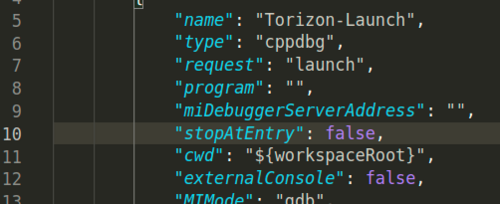 Screenshot of stopAtEntry defined as false on .vscode/launch.json